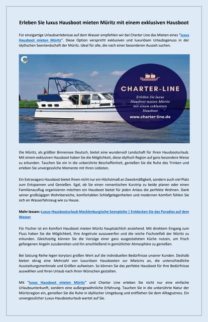 Erkunden Sie luxus Hausboot mieten Müritz | PDF