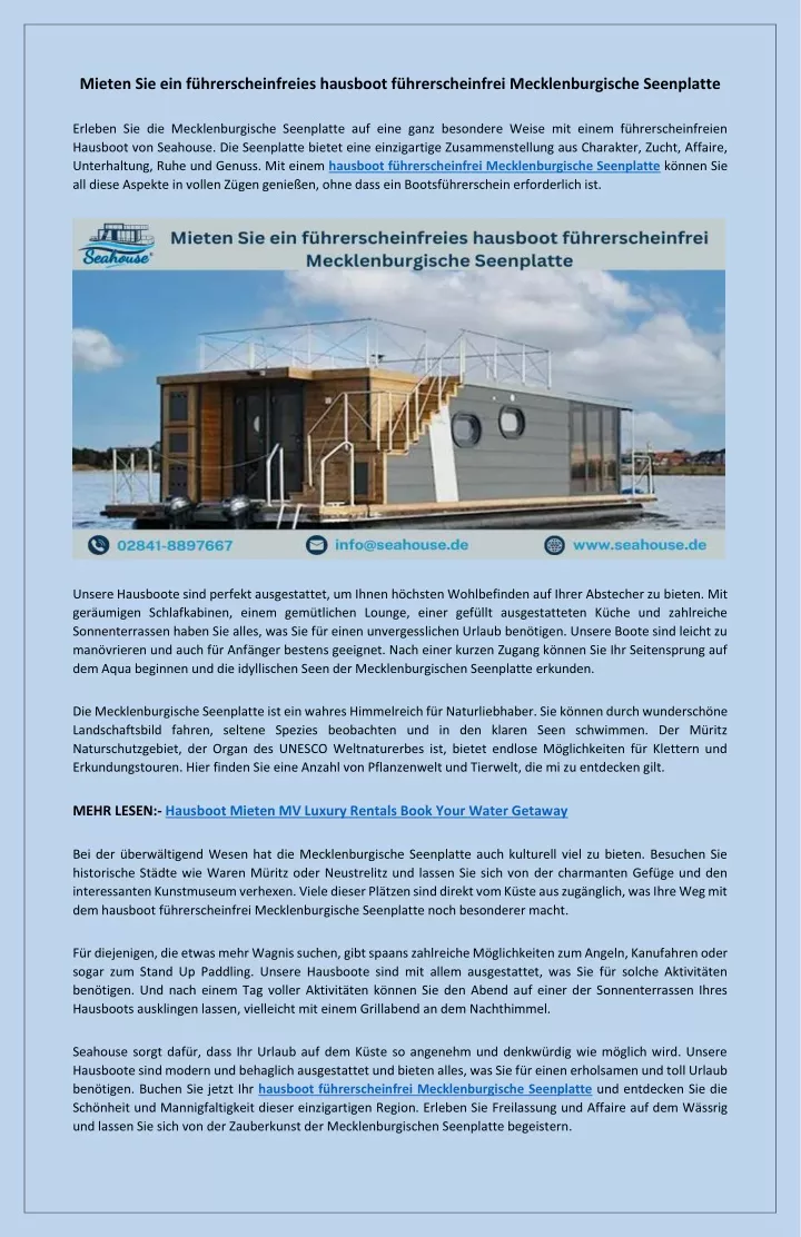 PPT - Problemlose hausboot führerscheinfrei Mecklenburgische Seenplatte PowerPoint Presentation - ID:13402845
