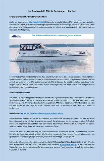 Bootsverleih Müritz Bootsvermietung Entdecken Sie Mecklenburg vom Wasser | PDF