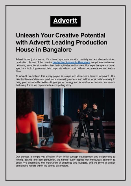 Unleash Your Creative Potential with Advertt Leading Production House in Bangalore | PDF